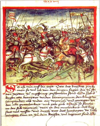 The Battle of Lechfeld on an illustration in Sigmund Meisterlin' codex about the history of Nuremberg.https://en.wikipedia.org/wiki/Battle_of_Lechfeld_(955)