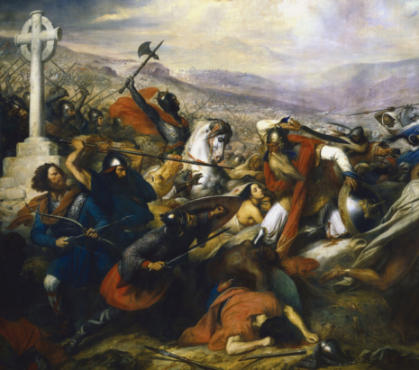 Charles de Steuben's Bataille de Poitiers en octobre 732 depicts a triumphant Charles Martel (mounted) facing 'Abdul Rahman Al Ghafiqi (right) at the Battle of Tours. https://en.wikipedia.org/wiki/Battle_of_Tours & https://en.wikipedia.org/wiki/Charles_de_Steuben