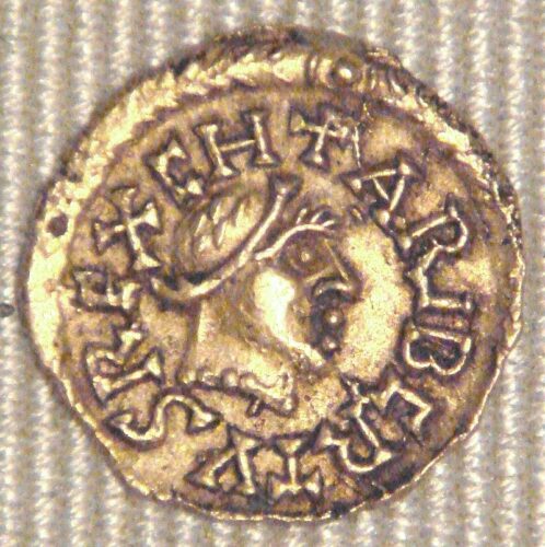 Tremissis or Charibert II, minted at Banassac, bearing his effigy and name https://en.wikipedia.org/wiki/Charibert_II & https://en.wikipedia.org/wiki/Tremissis