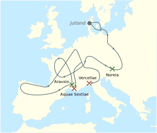 Maps of Cimbrian and Teutons invasions Cimbri and and Teuton defeats Cimbri and and Teuton victories https://en.wikipedia.org/wiki/Cimbrian_War