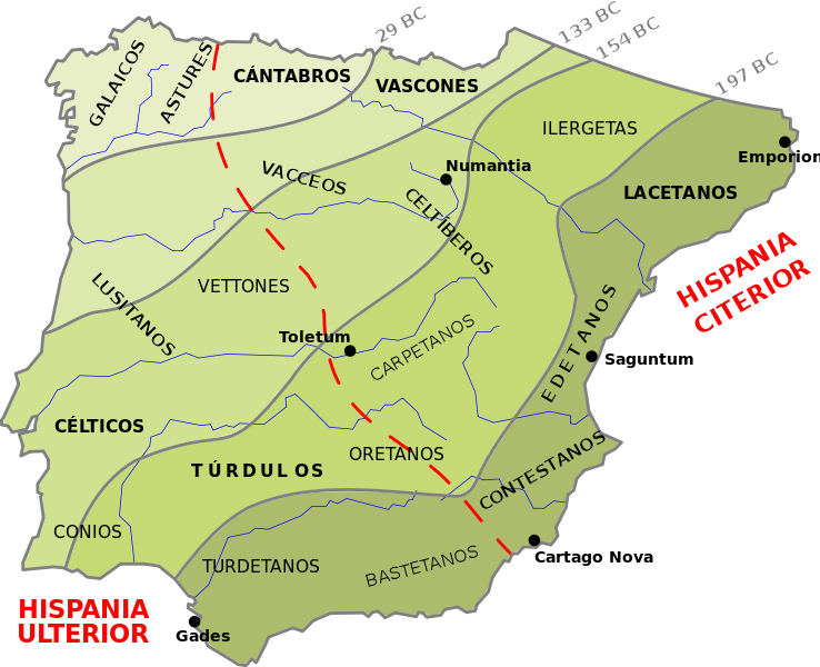 Map of the Roman conquest of Hispania, from the beginning of the Second Punic War (219 BC) until the beginning of the Cantabrian Wars (29 BC). It contains simplified territorial conquests, the original division between the provinces of Hispania Citerior and Hispania Ulterior and location of the main pre-Roman peoples https://en.wikipedia.org/wiki/History_of_Lisbon