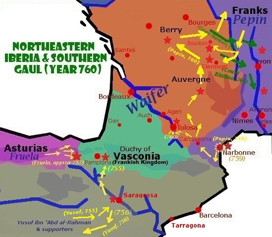 Duchy of Vasconia and both sides of the Pyrenees (760) https://en.wikipedia.org/wiki/Duchy_of_Gascony