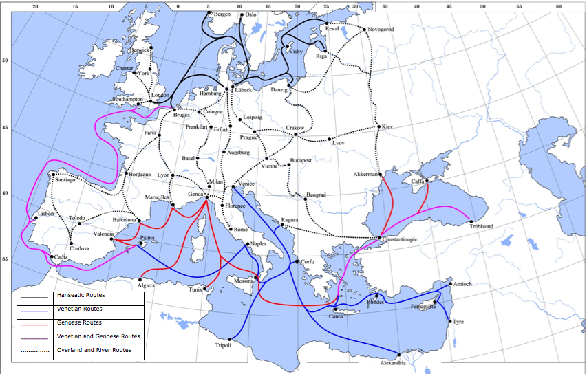 Map showing the main trade routes of late medieval Europe. The black lines show the routes of the Hanseatic League, the blue Venetian and the red Genoese routes. Purple lines are routes used by both the Venetians and the Genoese. Overland and river routes are stippled.