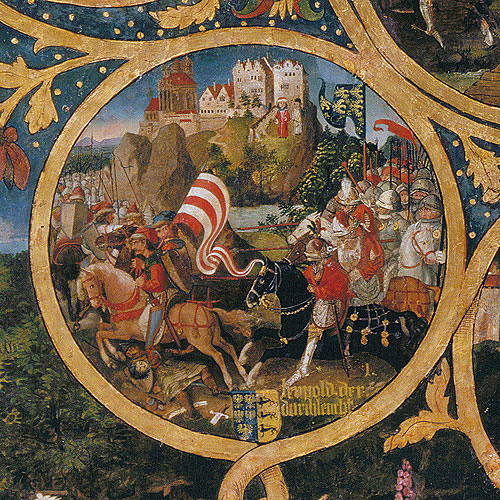 Leopold the Illustrious fighting the Magyars and defending Melk, Babenberger Stammbaum, Klosterneuburg Monastery, 1489–1492