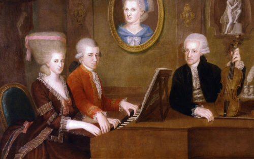 Family portrait: Maria Anna ("Nannerl") Mozart, her brother Wolfgang, their mother Anna Maria (medallion) and father, Leopold Mozart https://en.wikipedia.org/wiki/Wolfgang_Amadeus_Mozart