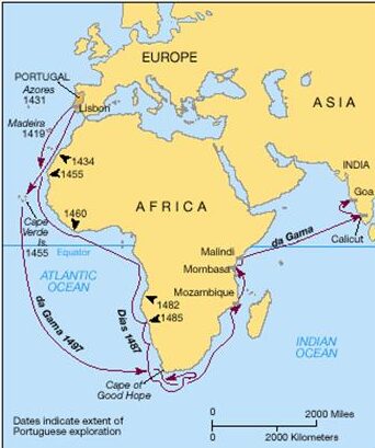 Portuguese explorers moved gradually down the coast of Africa and ultimately reached Western India in their search for gold, spices & slaves http://www.lwrw.org/Portuguese%20in%20Africa.htm