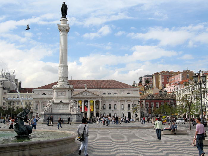 the "Rossio" with bronze fountain and statue of Dom Pedro IV., in the background Teatro Nacional D. Maria II.https://en.wikipedia.org/wiki/Rossio_Square