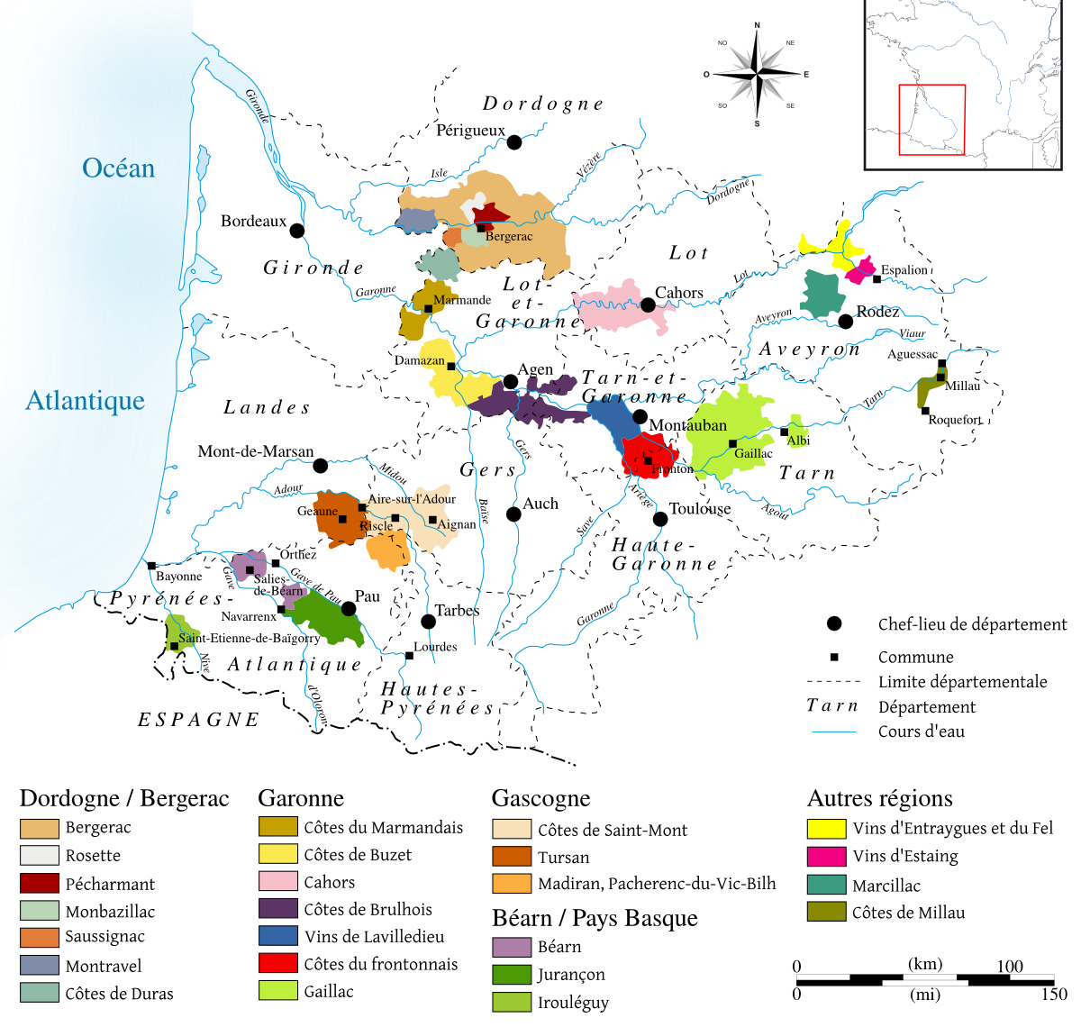 In olive-green the wine regions of Gaillac & Midi-Pyrénées https://en.wikipedia.org/wiki/South_West_France_(wine_region)