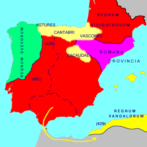 Under Euric (466–84), the Visigoths began expanding in Gaul and consolidating their presence in the Iberian peninsula. Euric fought a series of wars with the Suebi who retained some influence in Lusitania, and brought most of this region under Visigothic power, taking Emerita Augusta (Mérida) in 469. Euric also attacked the Western Roman Empire, capturing Hispania Tarraconensis in 472, the last bastion of Roman rule in Spain. https://en.wikipedia.org/wiki/Visigothic_Kingdom