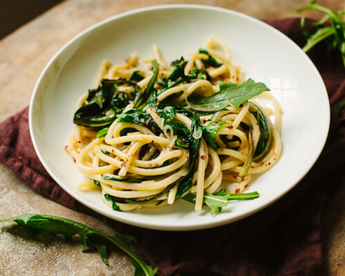 http://familystylefood.com/2013/05/pici-pasta-with-ramps-and-dandelion-greens/