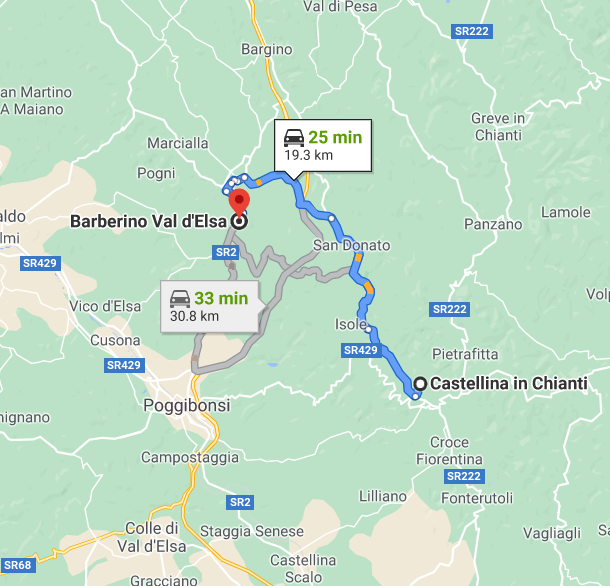 https://www.google.com/maps/dir/Castellina+in+Chianti,+53011+Province+of+Siena,+Italy/Barberino+Val+D'elsa,+50021+Metropolitan+City+of+Florence,+Italy/@43.5225583,11.0956991,11z/data=!4m13!4m12!1m5!1m1!1s0x132a3408bba0aa8d:0x4082c90e3e5a540!2m2!1d11.2750531!2d43.4811742!1m5!1m1!1s0x132a37e5281a2e59:0x5d53c3f7292f86c6!2m2!1d11.1751075!2d43.5458744