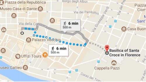 Go to Google Maps https://www.google.com/maps/dir/Piazza+della+Signoria,+Florence,+Italy/Basilica+of+Santa+Croce+in+Florence,+Piazza+di+Santa+Croce,+16,+50122+Firenze+FI,+Italy/@43.7691503,11.2549102,16z/data=!4m13!4m12!1m5!1m1!1s0x132a54012042ae35:0x9fbc6971f8e3906d!2m2!1d11.2556422!2d43.7696855!1m5!1m1!1s0x132a540723ccc331:0x8f8279649c131255!2m2!1d11.2622677!2d43.7685683