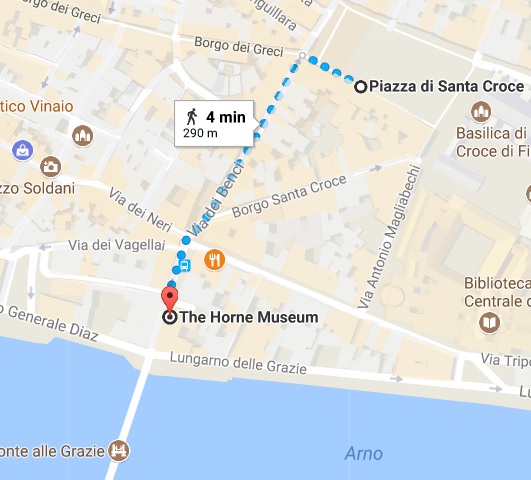 https://www.google.com/maps/dir/Piazza+Santa+Croce/The+Horne+Museum,+Via+d%C3%A8+Benci,+6,+50122+Firenze+FI,+Italy/@43.7679405,11.2577414,17z/data=!4m13!4m12!1m5!1m1!1s0x132a5407af6a2951:0x266d732b2d95a748!2m2!1d11.2610918!2d43.7687498!1m5!1m1!1s0x132a54075e0a30b5:0xa24b97870f44829e!2m2!1d11.2592283!2d43.7671255
