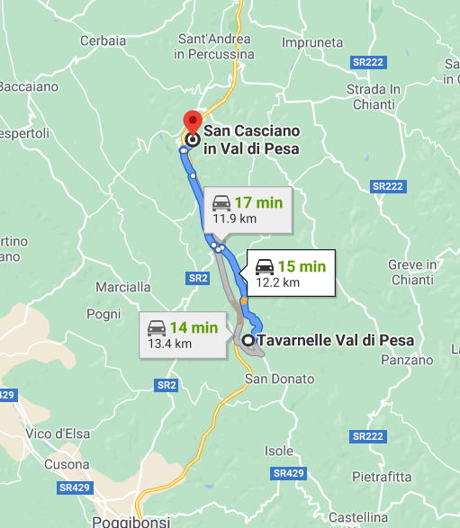 https://www.google.com/maps/dir/Tavarnelle+Val+di+Pesa,+50028+Metropolitan+City+of+Florence,+Italy/San+Casciano+in+Val+di+Pesa,+50026+Metropolitan+City+of+Florence,+Italy/@43.594601,11.0622543,11z/data=!4m14!4m13!1m5!1m1!1s0x132a48133bfaff13:0xadff0c2fa73dc63d!2m2!1d11.2183781!2d43.5533291!1m5!1m1!1s0x132a4f1c28b9e6c5:0x4082c90e3e59e30!2m2!1d11.1843887!2d43.6420954!3e0
