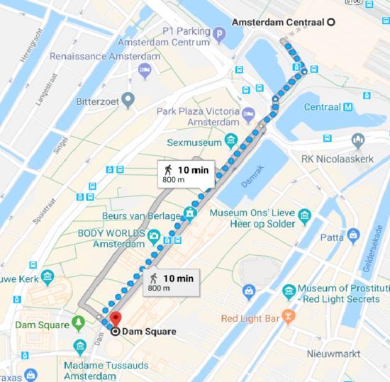 https://www.google.com/maps/dir/Amsterdam+Centraal,+Stationsplein,+1012+AB+Amsterdam,+Netherlands/Dam,+Amsterdam,+Netherlands/@52.3753079,4.8941949,16z/data=!4m14!4m13!1m5!1m1!1s0x47c609b70dd81623:0xcae71b8d3adfd142!2m2!1d4.900272!2d52.3791283!1m5!1m1!1s0x47c609c73b4b14ef:0x9809b25b80da04f9!2m2!1d4.8937548!2d52.3731513!3e2