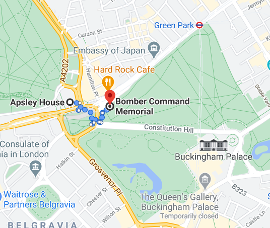 https://www.google.com/maps/dir/Apsley+House,+149+Piccadilly,+London+W1J+7NT,+United+Kingdom/Bomber+Command+Memorial,+Green+Park+along,+Piccadilly,+London,+United+Kingdom/@51.503157,-0.1522119,15z/data=!4m14!4m13!1m5!1m1!1s0x487604d6997dfddb:0xf52cf1b7e6c4d269!2m2!1d-0.1516708!2d51.5034719!1m5!1m1!1s0x487605259446ac87:0x938a76f18a5ba0a7!2m2!1d-0.1489444!2d51.5033028!3e2