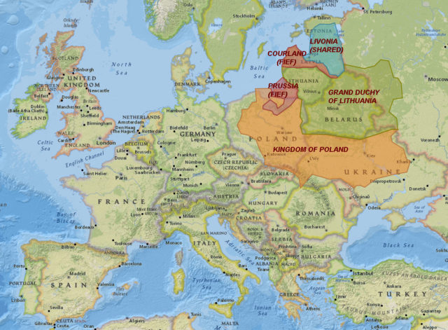Polish-Lithuanian Commonwealth at its highest territorial extent (1616-1657) superimposed on modern European state boundaries. ©Augustinas Žemaitis.