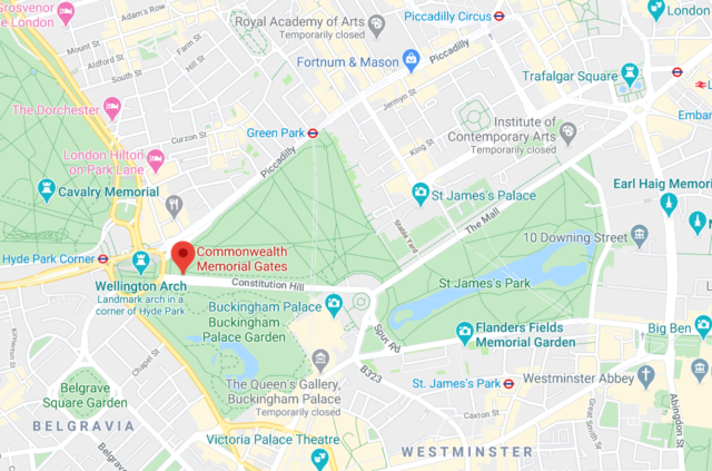 https://www.google.com/maps/place/Commonwealth+Memorial+Gates/@51.5022265,-0.153481,15z/data=!4m5!3m4!1s0x0:0xab640ccf43f07064!8m2!3d51.5026273!4d-0.1489105